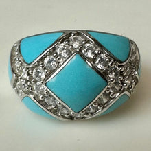 Load image into Gallery viewer, Eric Grossbardt Sterling Turquoise Inlay Diamonique CZ Domed Ring sz 8
