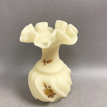 Load image into Gallery viewer, Vintage Fenton Hand Painted Custard Satin Glass Ruffled Vase Signed (5.5")
