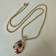 Load image into Gallery viewer, Vintage Joan Rivers Goldtone Enameled Rhinestone Imperial Egg Pendant on 30" Chain Necklace (2")
