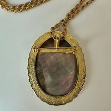 Load image into Gallery viewer, Vintage Carved Abalone Goldtone Angel Brooch Pendant on 24" Chain Necklace (2")
