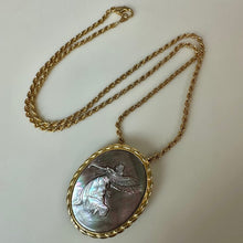 Load image into Gallery viewer, Vintage Carved Abalone Goldtone Angel Brooch Pendant on 24" Chain Necklace (2")
