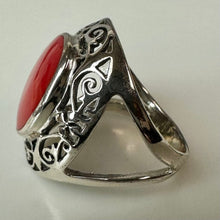 Load image into Gallery viewer, Sterling Red Coral Filigree Setting Ring sz 6
