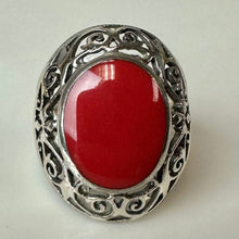 Load image into Gallery viewer, Sterling Red Coral Filigree Setting Ring sz 6
