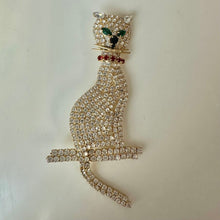 Load image into Gallery viewer, Vintage Goldtone Rhinestone Figural Cat Brooch Pin with Articulated Tail (4")
