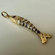 Load image into Gallery viewer, 14K Gold Vintage Articulated Fish Pendant with Garnet Eyes (1.6g)
