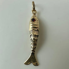 Load image into Gallery viewer, 14K Gold Vintage Articulated Fish Pendant with Garnet Eyes (1.6g)
