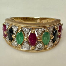 Load image into Gallery viewer, 14K Gold Ruby Sapphire Green Tourmaline Diamond Ring sz 6 (4.6g)
