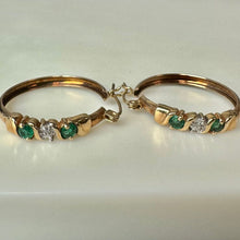 Load image into Gallery viewer, 10K Gold Emerald Diamond 1" Hoop Earrings (3.7g)
