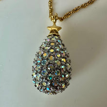 Load image into Gallery viewer, Vintage Joan Rivers Aurora Borealis Rhinestone Encrusted Magic Egg Pendant on 28" Chain Necklace (1.5")
