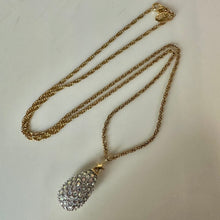 Load image into Gallery viewer, Vintage Joan Rivers Aurora Borealis Rhinestone Encrusted Magic Egg Pendant on 28" Chain Necklace (1.5")
