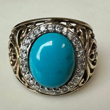 Load image into Gallery viewer, Ross Simons Sterling Turquoise CZ Halo Filigree Ring sz 6
