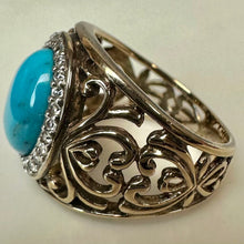 Load image into Gallery viewer, Ross Simons Sterling Turquoise CZ Halo Filigree Ring sz 6

