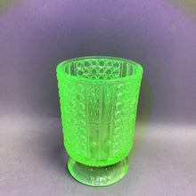 Load image into Gallery viewer, Antique Vaseline Uranium Drinking Glass Short Goblet Yellow Bubble Hobnail (5")
