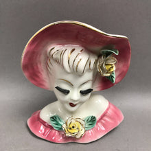 Load image into Gallery viewer, Vintage Napco Lady Head Vase Pink Hat Yellow Rose Lush Lashes (5")(As Is)
