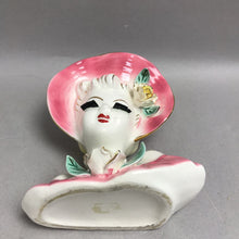 Load image into Gallery viewer, Vintage Napco Lady Head Vase Pink Hat Yellow Rose Lush Lashes (5")(As Is)
