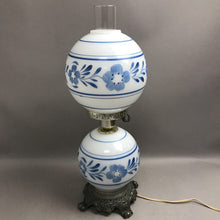 Load image into Gallery viewer, Vintage Double Globe Hurricane Table Lamp Blue Flowers (21")
