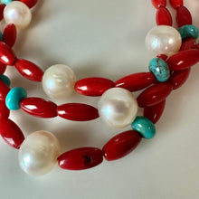 Load image into Gallery viewer, American West Red Coral Turquoise Pearl Bead 3-Strand Bracelet (8")
