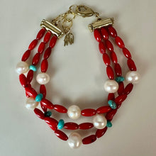 Load image into Gallery viewer, American West Red Coral Turquoise Pearl Bead 3-Strand Bracelet (8")
