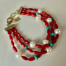 Load image into Gallery viewer, American West Red Coral Turquoise Pearl Bead 3-Strand Bracelet (8")
