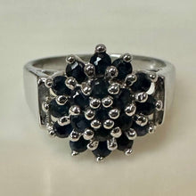 Load image into Gallery viewer, Vintage Sterling Dark Blue Sapphire Cluster Ring sz 5.75
