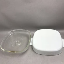 Load image into Gallery viewer, Corning Ware White MW-10 Browning Casserole 10 x 10 x 2 &amp; Pyrex A 12 C Lid
