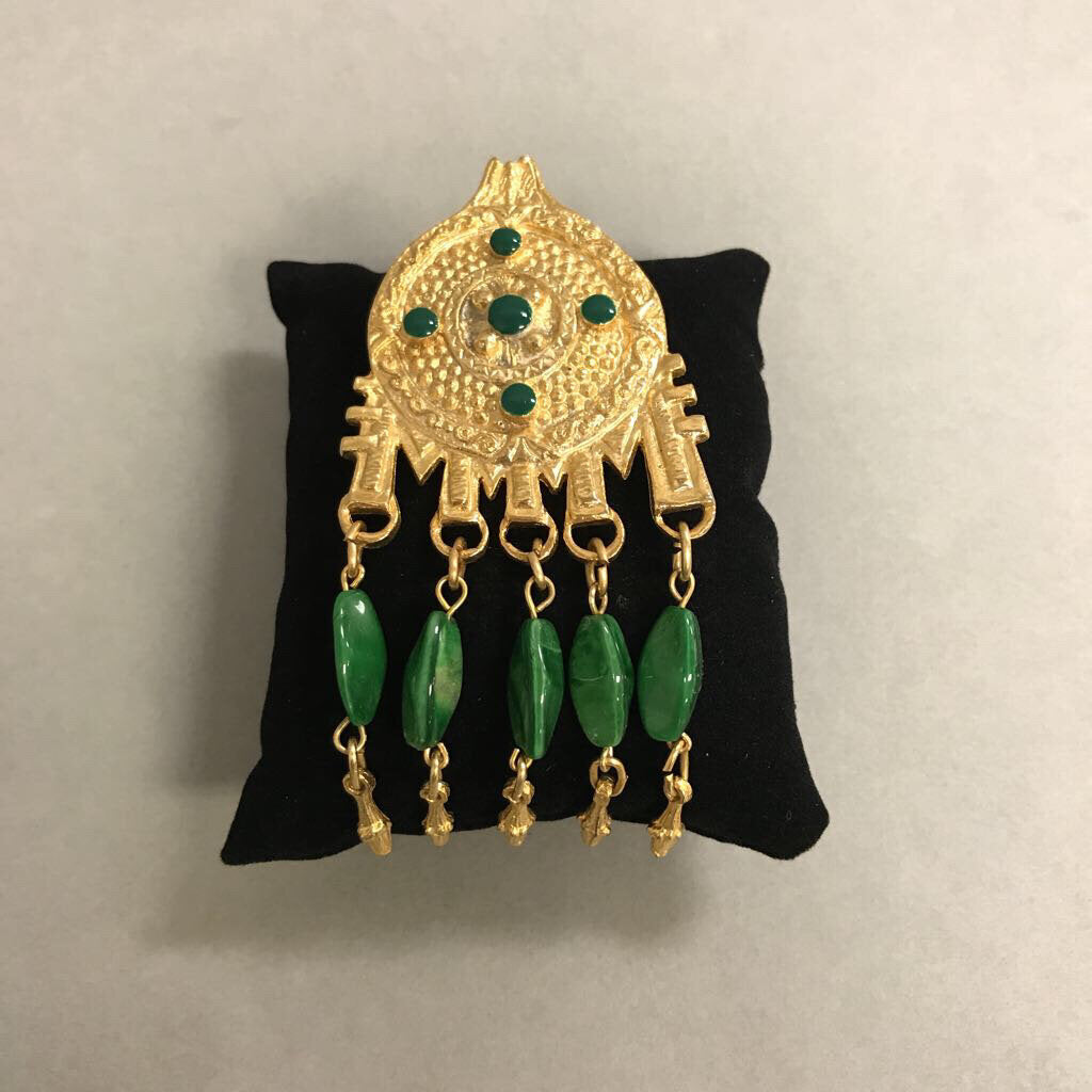 Moroccan Goldtone Green Enamel & Glass Bead Chandelier Pin