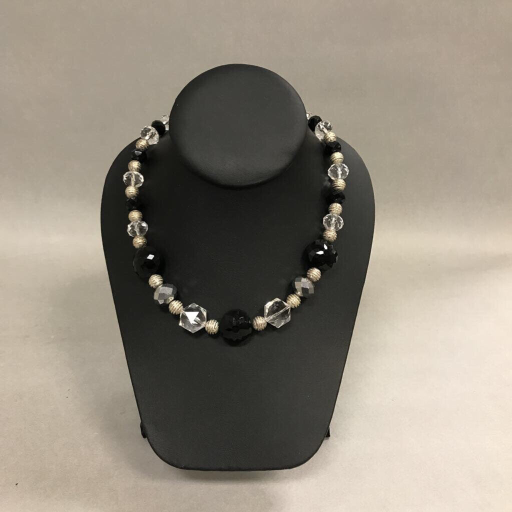 Clear Black & Silver Crystal Beaded Necklace