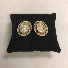 Load image into Gallery viewer, Vintage Whiting &amp; Davis Clear Carved Lucite Cameo Goldtone Clip Earrings

