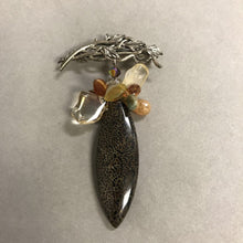 Load image into Gallery viewer, Fossilized Dinosaur Bone Czech Glass Crystal &amp; Quartz Dangle Pin
