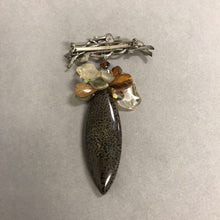 Load image into Gallery viewer, Fossilized Dinosaur Bone Czech Glass Crystal &amp; Quartz Dangle Pin
