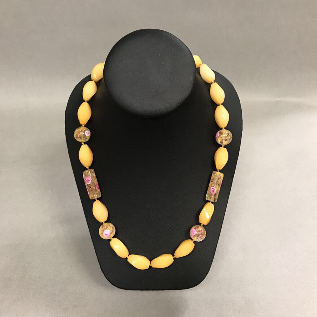 Yellow Stone & Art Glass Bead Necklace w/ 14/20 Gold Filled Clasp