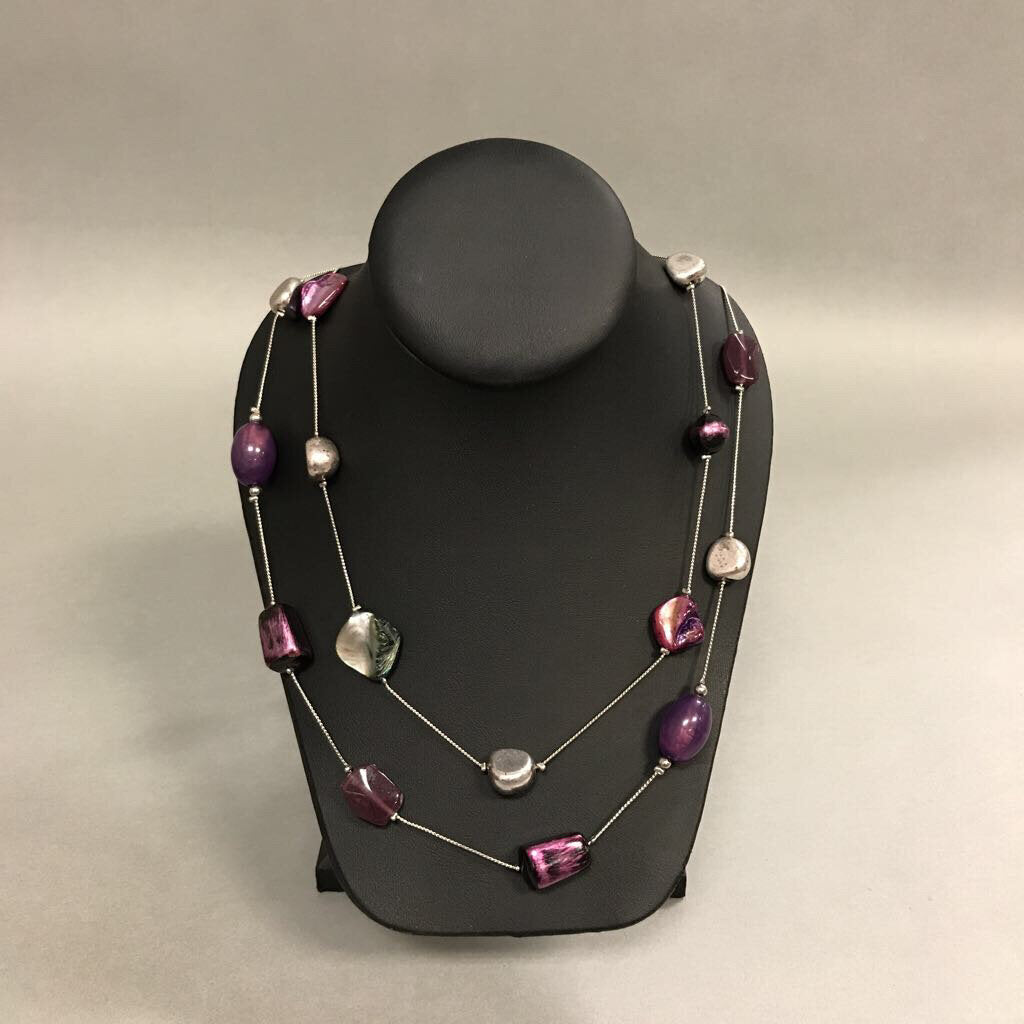 Purple Shell Silvertone Layered Beaded Necklace