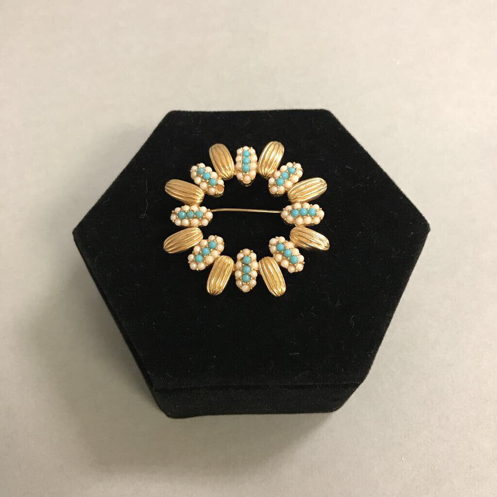 Goldtone Pearl & Turquoise Enamel Pin (AS-IS)