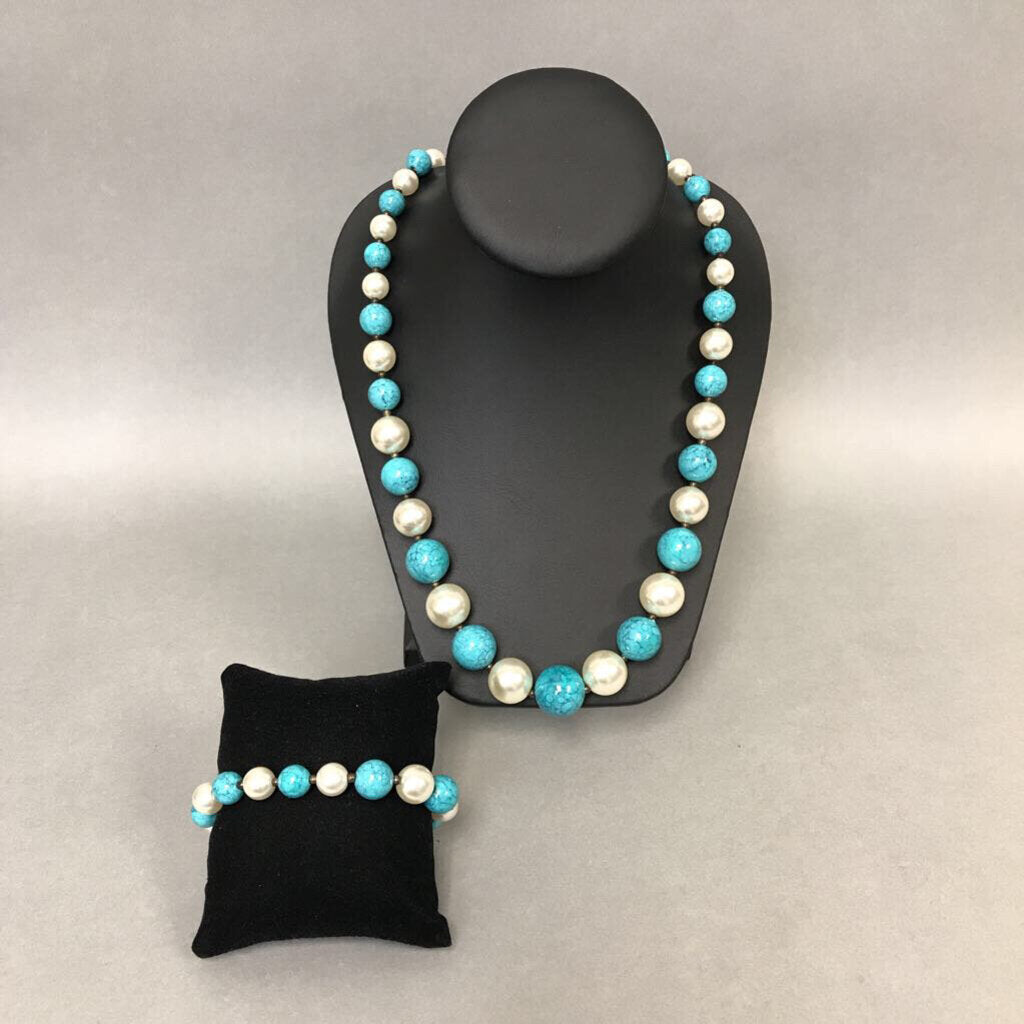 Faux Turquoise & Pearl Graduated Bead Necklace & Bracelet Set