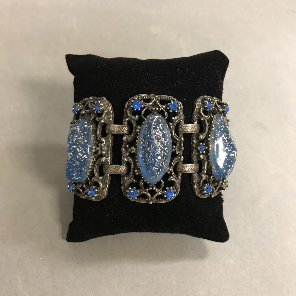 Vintage Selro Silvertone Blue Glitter Resin Rhinestone Bracelet