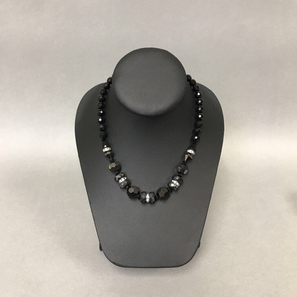 Vintage Faceted Black Bead w/ Rhinestone Necklace