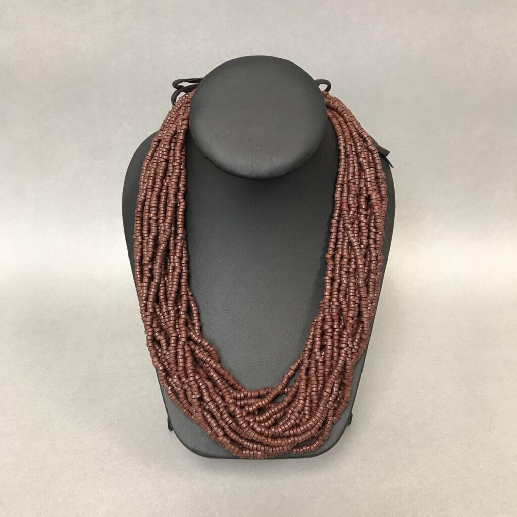 Layered Brown Resin Bead Leather Tie Necklace