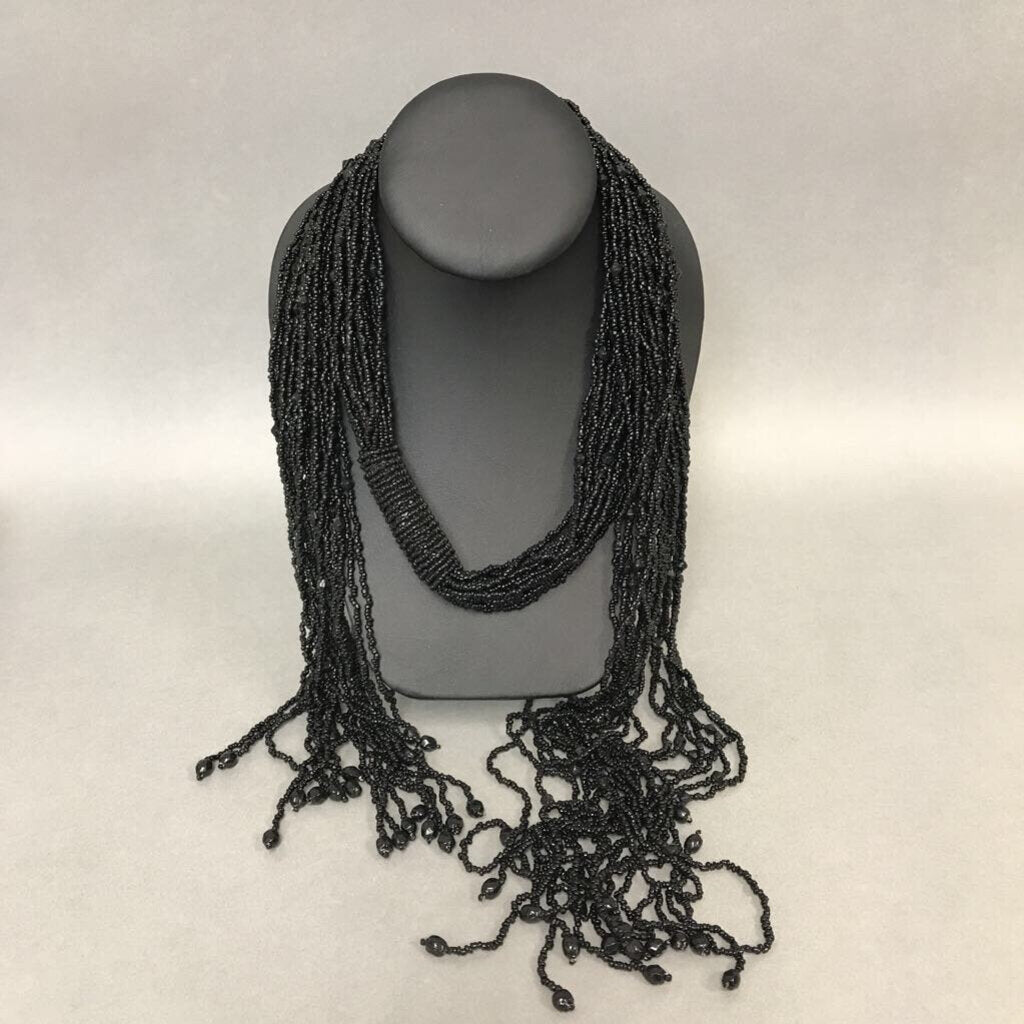 Layered Black Seed Bead Tie Necklace