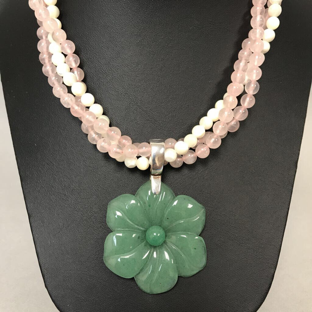 Rose Quartz MOP Beaded Layered Necklace w/ Interchangeable Carved