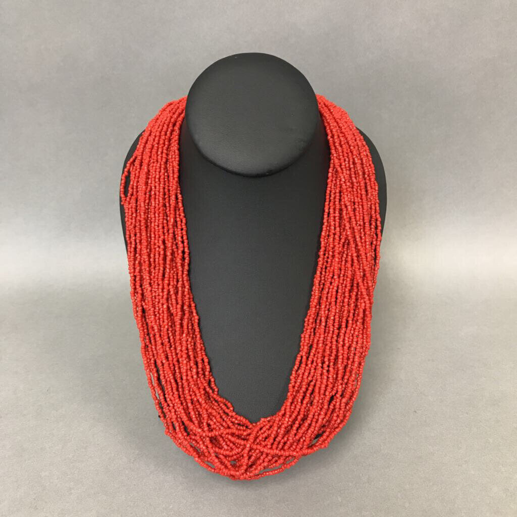 Red Seed Bead Silver Layered Long Necklace