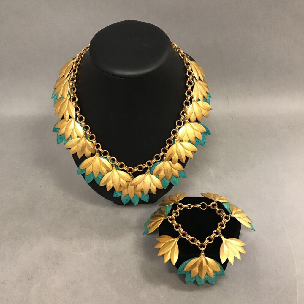 Vintage Goldtone Turquoise Patina Leaf Statement Necklace & Bracelet Set