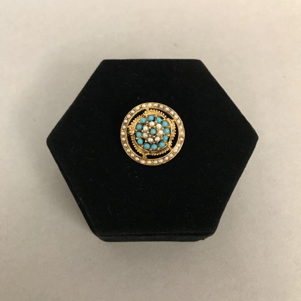 Vintage Goldtone Faux Pearl Turquoise Resin Pin