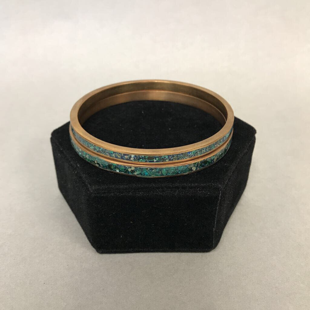 Brass Turquoise Chip Bangle Bracelet Set of 2