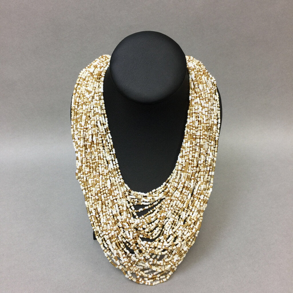 White & Gold Layered Seed Bead Necklace