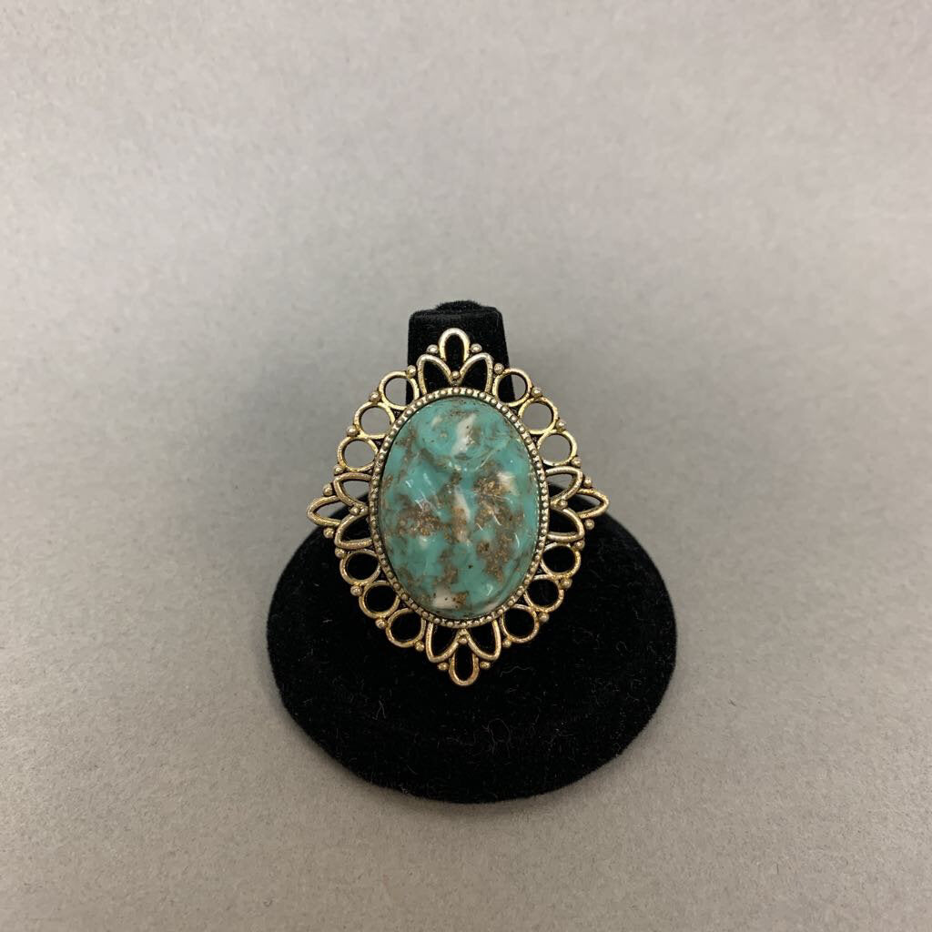 Mooncalf Handmade Recycled Vintage Turquoise Resin Ornate Setting Adjustable Ring
