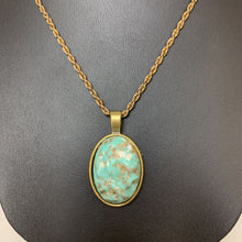 Load image into Gallery viewer, Mooncalf Handmade Recycled Vintage Turquoise Resin Cabochon Pendant on Vintage Chain
