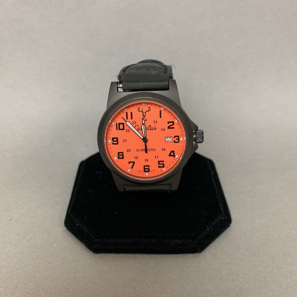 Cabelas Orange Nylon/ Leather Band Men's Watch (Needs Battery)