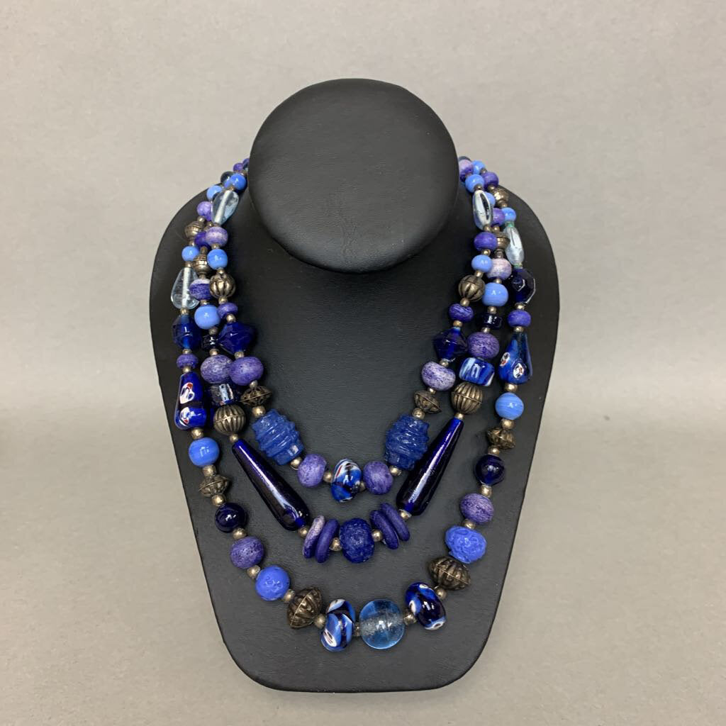 Vintage Layered Blue Glass Art Bead Statement Necklace