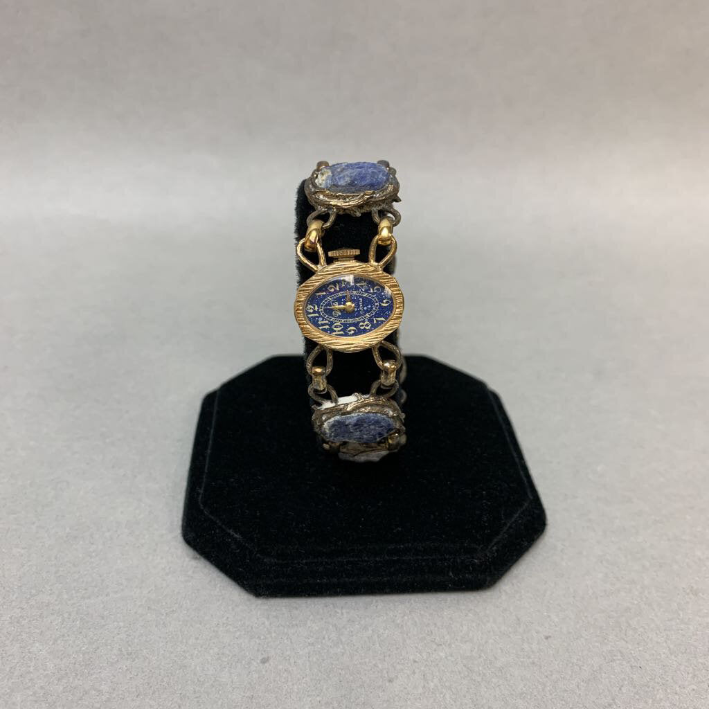 Vintage Wells 17 Jewels Gold Filled Watch on Sterling Lapis Bracelet (Needs Battery)