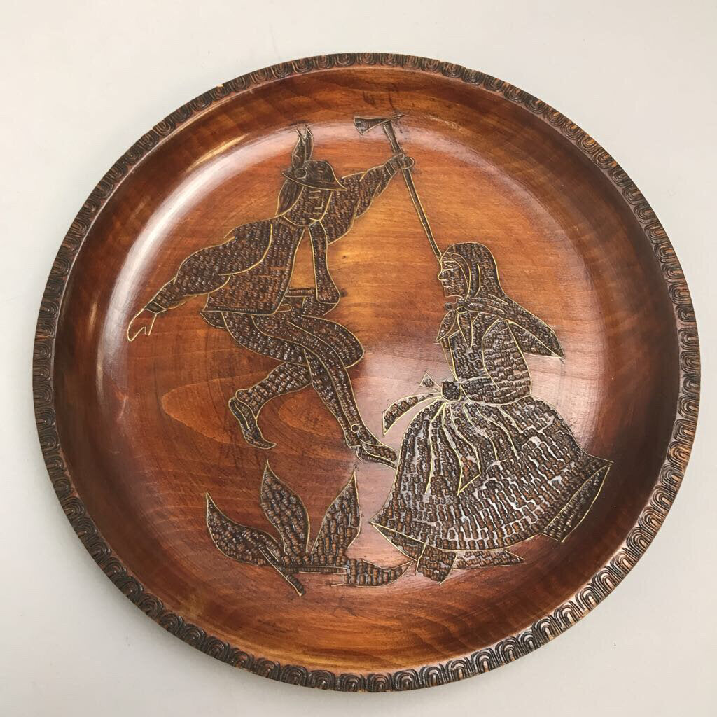 Vintage Hand Carved w Inlay Wood Plate Poland (10